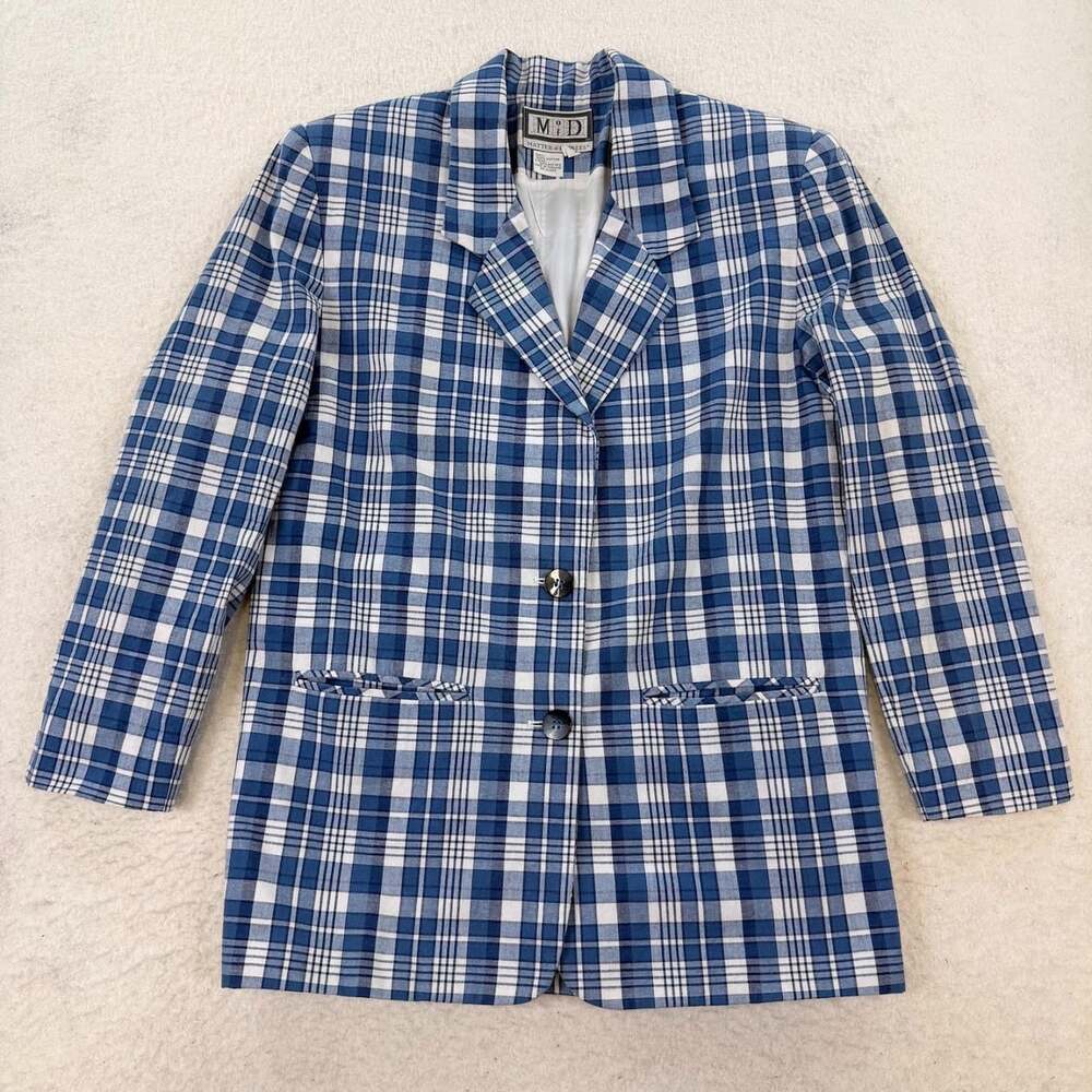 Vintage Matter of Degrees 100% Cotton Blue Plaid Blazer Acadamia Size P